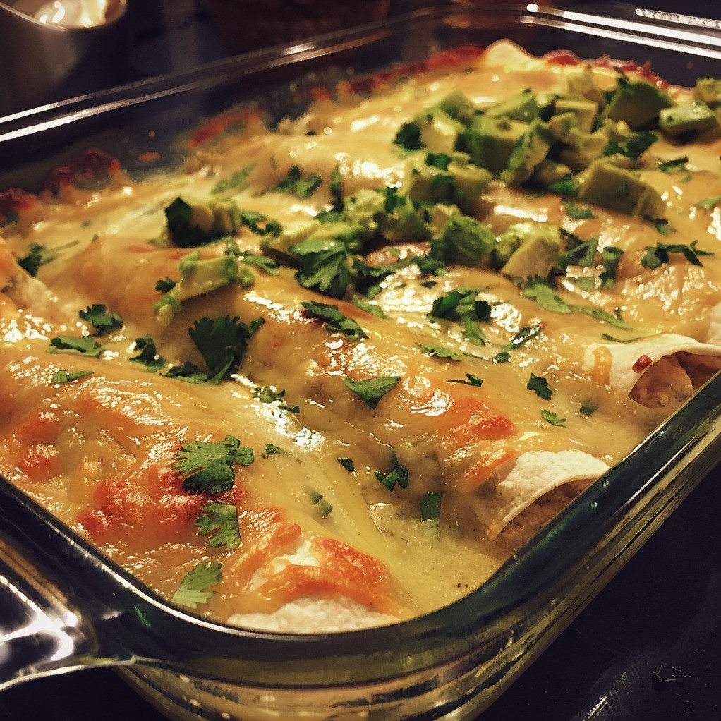 Creamy White Chicken and Avocado Enchiladas