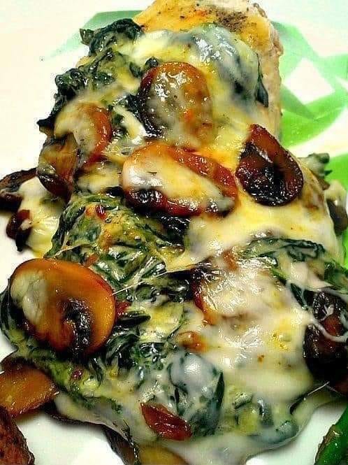 Smothered Chicken with Creamed Spinach, Bacon, and Mushrooms