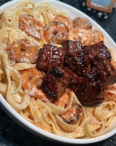 Cajun Shrimp and Steak Alfredo Pasta