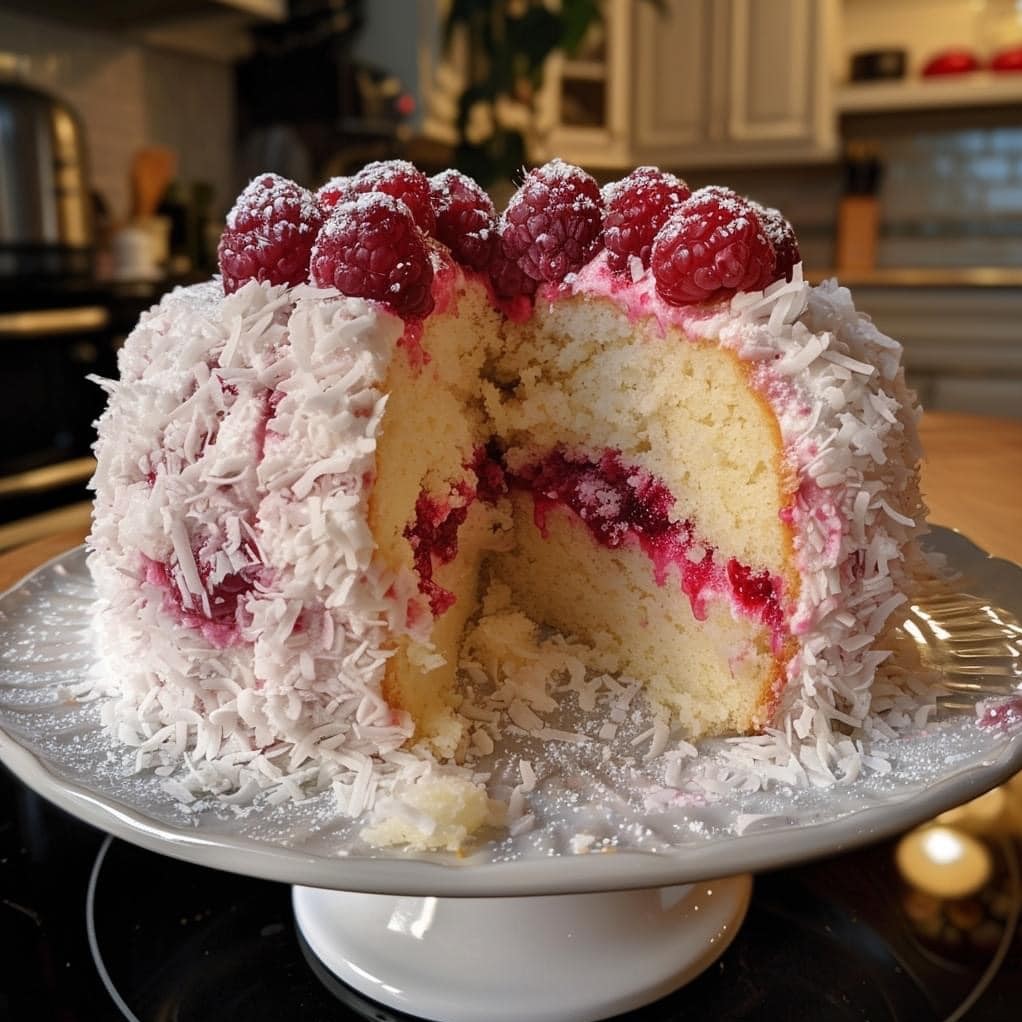 raspberry swirl coconut snowball cake