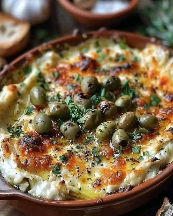 Baked Feta and Artichoke Dip with Olive Gremolata