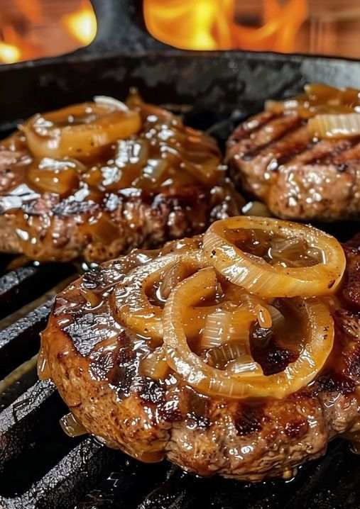 Grilled Burgers with Caramelized Onions