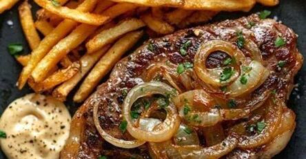 Grilled Steak with Caramelized Onions, Crispy Fries