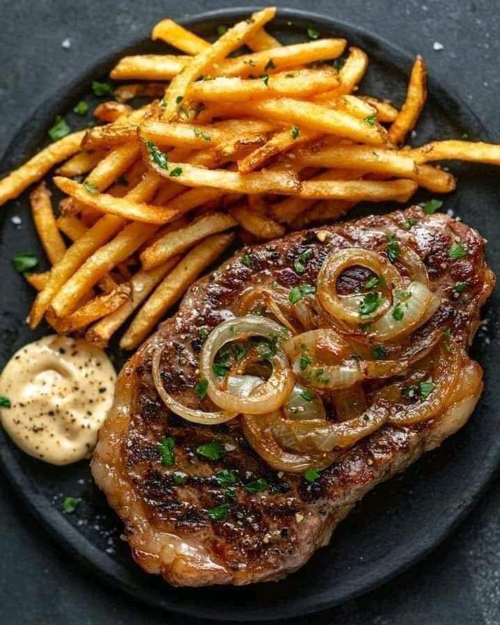 Grilled Steak with Caramelized Onions, Crispy Fries