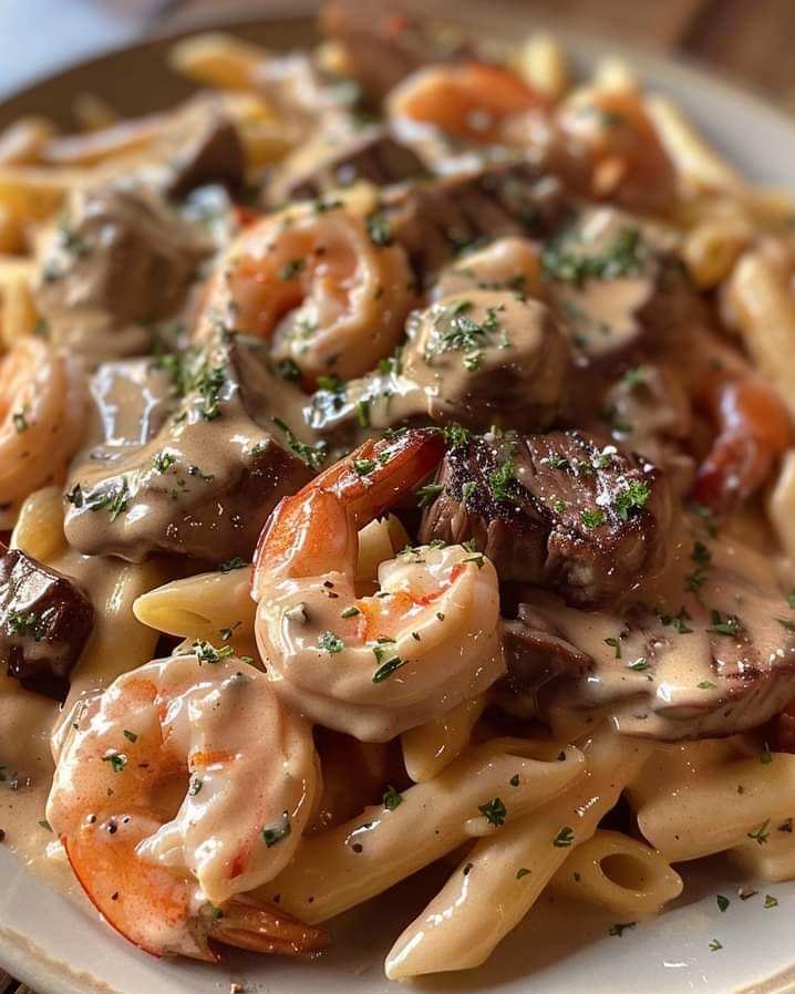 Cajun Shrimp and Steak Alfredo Pasta