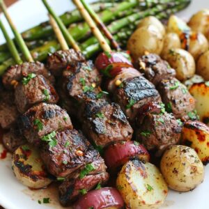 Garlicky Ribeye Steak Kabobs with Roasted Asparagus and Potatoes