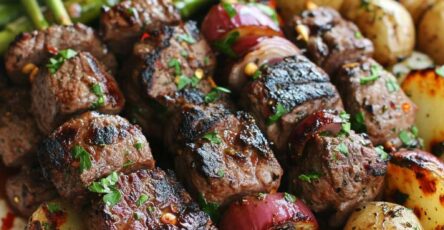 Garlicky Ribeye Steak Kabobs with Roasted Asparagus and Potatoes