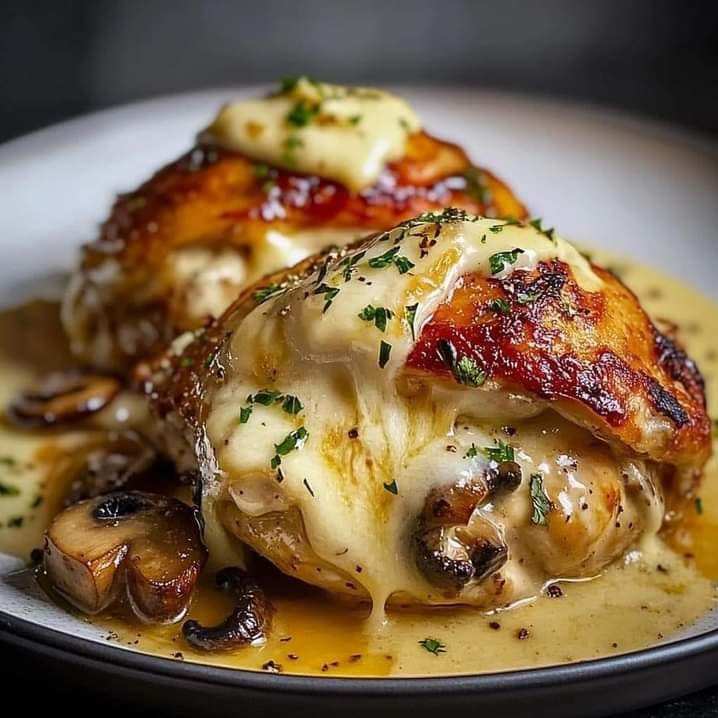 Cheesy Garlic Butter Mushroom Stuffed Chicken