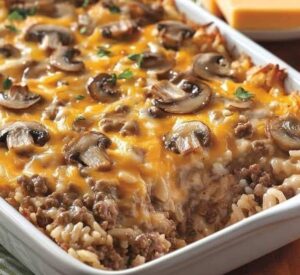 Creamy Beef & Mushroom Rice Bake