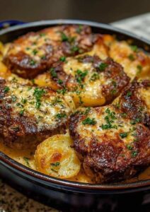 Garlic Parmesan Beef Chops with Cheesy Scalloped Potatoes