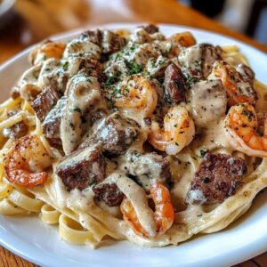 Creamy Cajun Shrimp and Steak Alfredo Pasta 