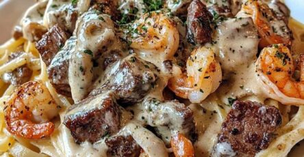 Creamy Cajun Shrimp and Steak Alfredo Pasta