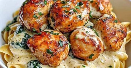 Garlic Butter Chicken Bites with Creamy Parmesan Pasta and Spinach