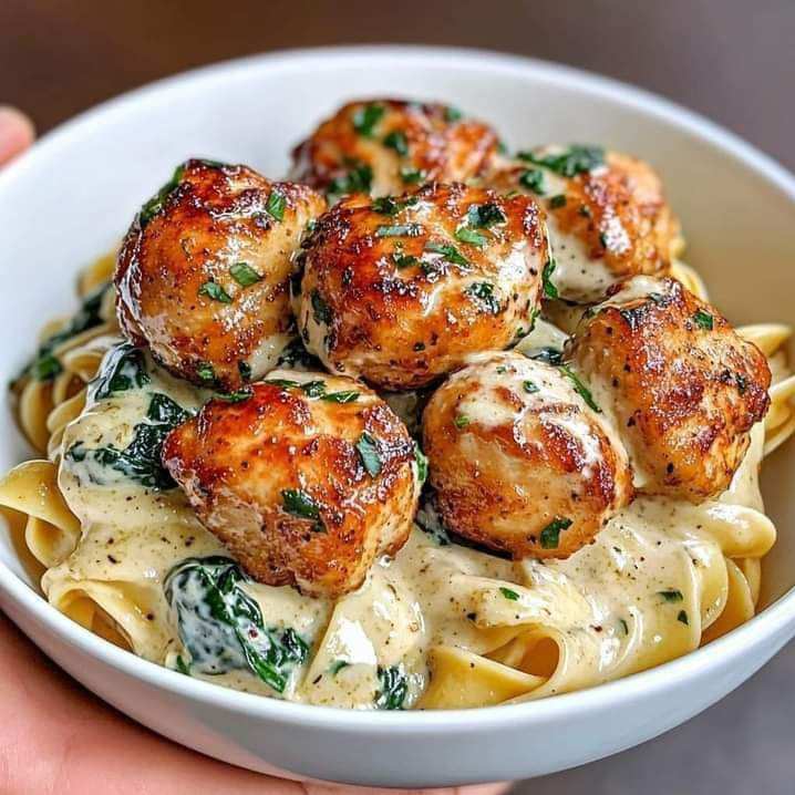 Garlic Butter Chicken Bites with Creamy Parmesan Pasta and Spinach