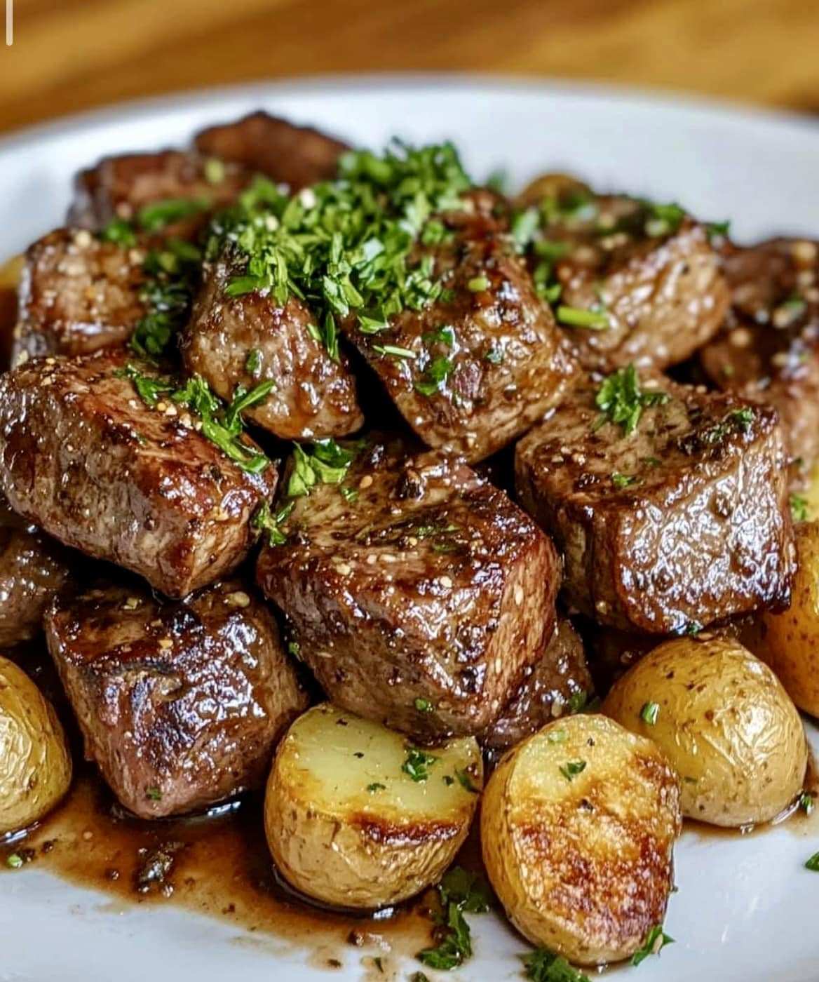 Air Fryer Garlic Butter Steak Bites and Potatoes