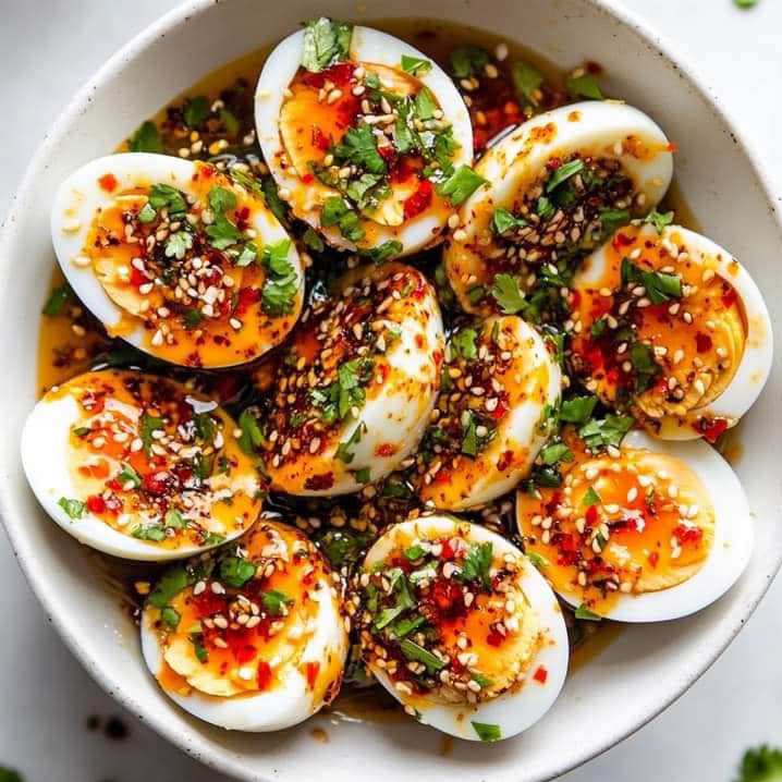 Spicy Chili Garlic Deviled Eggs