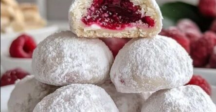 Raspberry Filled Almond Snowball Cookies