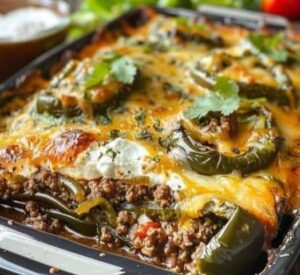 Baked Beef Chiles Rellenos Casserole This Baked Beef Chiles Rellenos Casserole is a hearty, flavorful twist on the classic Mexican dish. Packed with layers of roasted poblano peppers, seasoned ground beef, and a cheesy, custard-like topping, it’s a comforting, easy-to-make dish perfect for weeknights or gatherings. Ingredients For the Casserole: 6 large poblano peppers 1 lb ground beef 1 medium onion, finely chopped 2 garlic cloves, minced 1 tsp ground cumin 1 tsp smoked paprika 1 tsp chili powder 1/2 tsp salt 1/4 tsp black pepper 1 cup shredded Monterey Jack cheese 1 cup shredded cheddar cheese For the Egg Mixture: 4 large eggs 1 cup milk or heavy cream 2 tbsp all-purpose flour 1/2 tsp baking powder 1/4 tsp salt Instructions Roast the Poblanos: Preheat your oven to 400°F (200°C). Place the poblano peppers on a baking sheet and roast for 10–15 minutes, turning occasionally, until the skin is blistered and charred. Transfer the peppers to a bowl, cover with plastic wrap, and let them steam for 10 minutes. Peel off the skin, remove the seeds, and set aside. Prepare the Beef Filling: In a large skillet over medium heat, cook the ground beef until browned. Drain excess fat. Add the onion and garlic to the skillet and cook for 2–3 minutes until softened. Stir in cumin, smoked paprika, chili powder, salt, and black pepper. Remove from heat. Assemble the Casserole: Reduce the oven temperature to 375°F (190°C). Grease a 9x13-inch baking dish. Layer half of the roasted poblanos on the bottom of the dish. Spread the ground beef mixture evenly over the peppers. Sprinkle half of the Monterey Jack and cheddar cheeses over the beef. Top with the remaining poblanos, then the remaining cheese. Prepare the Egg Mixture: In a bowl, whisk together the eggs, milk, flour, baking powder, and salt until smooth. Pour the mixture evenly over the casserole. Bake the Casserole: Cover with foil and bake for 25 minutes. Remove the foil and bake for another 15–20 minutes until the top is golden and set. Serve: Let the casserole cool for 5–10 minutes before slicing. Serve with sour cream, salsa, or guacamole for a complete meal. Conclusion This Baked Beef Chiles Rellenos Casserole is a crowd-pleaser, combining smoky poblanos, savory beef, and gooey cheese into a comforting dish. It’s simple to prepare, customizable with your favorite toppings, and guaranteed to satisfy. Enjoy this flavorful casserole as a main dish or a potluck favorite!