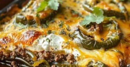 Baked Beef Chiles Rellenos Casserole This Baked Beef Chiles Rellenos Casserole is a hearty, flavorful twist on the classic Mexican dish. Packed with layers of roasted poblano peppers, seasoned ground beef, and a cheesy, custard-like topping, it’s a comforting, easy-to-make dish perfect for weeknights or gatherings. Ingredients For the Casserole: 6 large poblano peppers 1 lb ground beef 1 medium onion, finely chopped 2 garlic cloves, minced 1 tsp ground cumin 1 tsp smoked paprika 1 tsp chili powder 1/2 tsp salt 1/4 tsp black pepper 1 cup shredded Monterey Jack cheese 1 cup shredded cheddar cheese For the Egg Mixture: 4 large eggs 1 cup milk or heavy cream 2 tbsp all-purpose flour 1/2 tsp baking powder 1/4 tsp salt Instructions Roast the Poblanos: Preheat your oven to 400°F (200°C). Place the poblano peppers on a baking sheet and roast for 10–15 minutes, turning occasionally, until the skin is blistered and charred. Transfer the peppers to a bowl, cover with plastic wrap, and let them steam for 10 minutes. Peel off the skin, remove the seeds, and set aside. Prepare the Beef Filling: In a large skillet over medium heat, cook the ground beef until browned. Drain excess fat. Add the onion and garlic to the skillet and cook for 2–3 minutes until softened. Stir in cumin, smoked paprika, chili powder, salt, and black pepper. Remove from heat. Assemble the Casserole: Reduce the oven temperature to 375°F (190°C). Grease a 9x13-inch baking dish. Layer half of the roasted poblanos on the bottom of the dish. Spread the ground beef mixture evenly over the peppers. Sprinkle half of the Monterey Jack and cheddar cheeses over the beef. Top with the remaining poblanos, then the remaining cheese. Prepare the Egg Mixture: In a bowl, whisk together the eggs, milk, flour, baking powder, and salt until smooth. Pour the mixture evenly over the casserole. Bake the Casserole: Cover with foil and bake for 25 minutes. Remove the foil and bake for another 15–20 minutes until the top is golden and set. Serve: Let the casserole cool for 5–10 minutes before slicing. Serve with sour cream, salsa, or guacamole for a complete meal. Conclusion This Baked Beef Chiles Rellenos Casserole is a crowd-pleaser, combining smoky poblanos, savory beef, and gooey cheese into a comforting dish. It’s simple to prepare, customizable with your favorite toppings, and guaranteed to satisfy. Enjoy this flavorful casserole as a main dish or a potluck favorite!