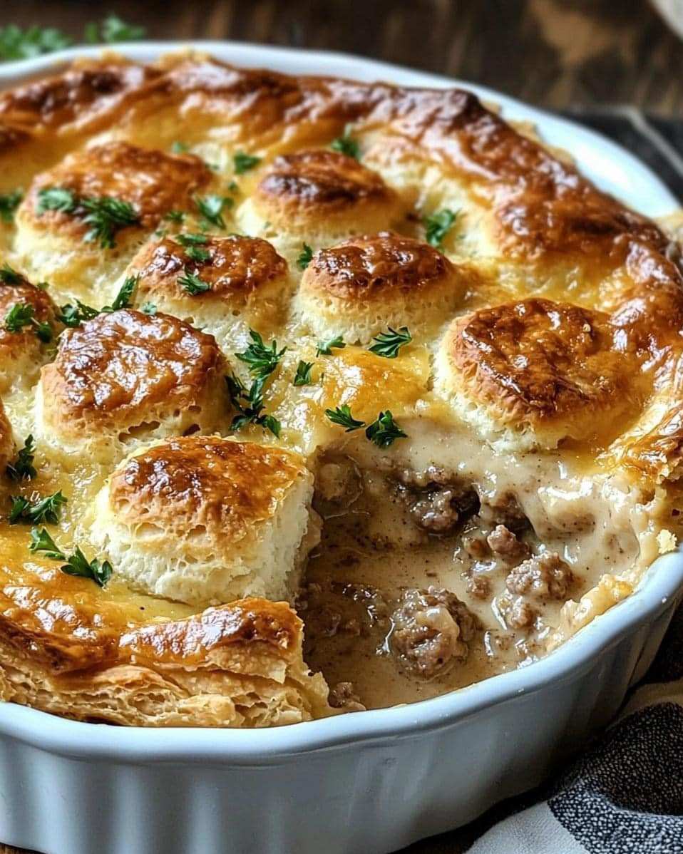 Sausage, Gravy, and Biscuit Pie