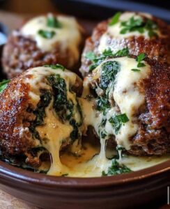 Spinach Garlic Meatballs Stuffed with Mozzarella