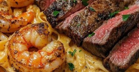 CAJUN SHRIMP AND STEAK ALFREDO PASTA