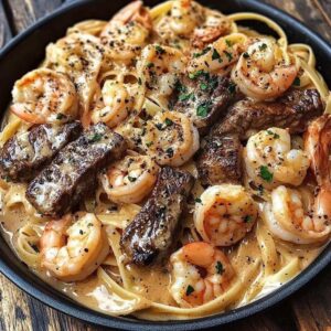 Cajun Shrimp and Steak Alfredo Pasta