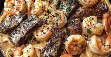 Cajun Shrimp and Steak Alfredo Pasta