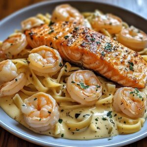 Salmon and Shrimp Alfredo Pasta