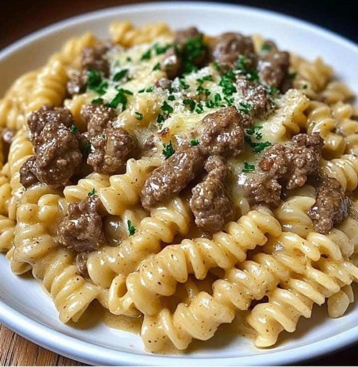 Beef and Rotini in Garlic Parmesan Sauce