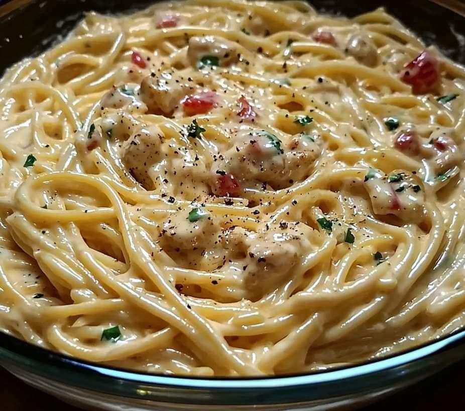 Creamy Crockpot Chicken Spaghetti