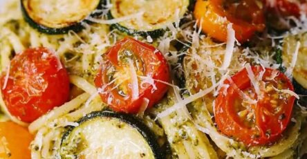 Pesto Spaghetti with Roasted Zucchini and Cherry Tomatoes