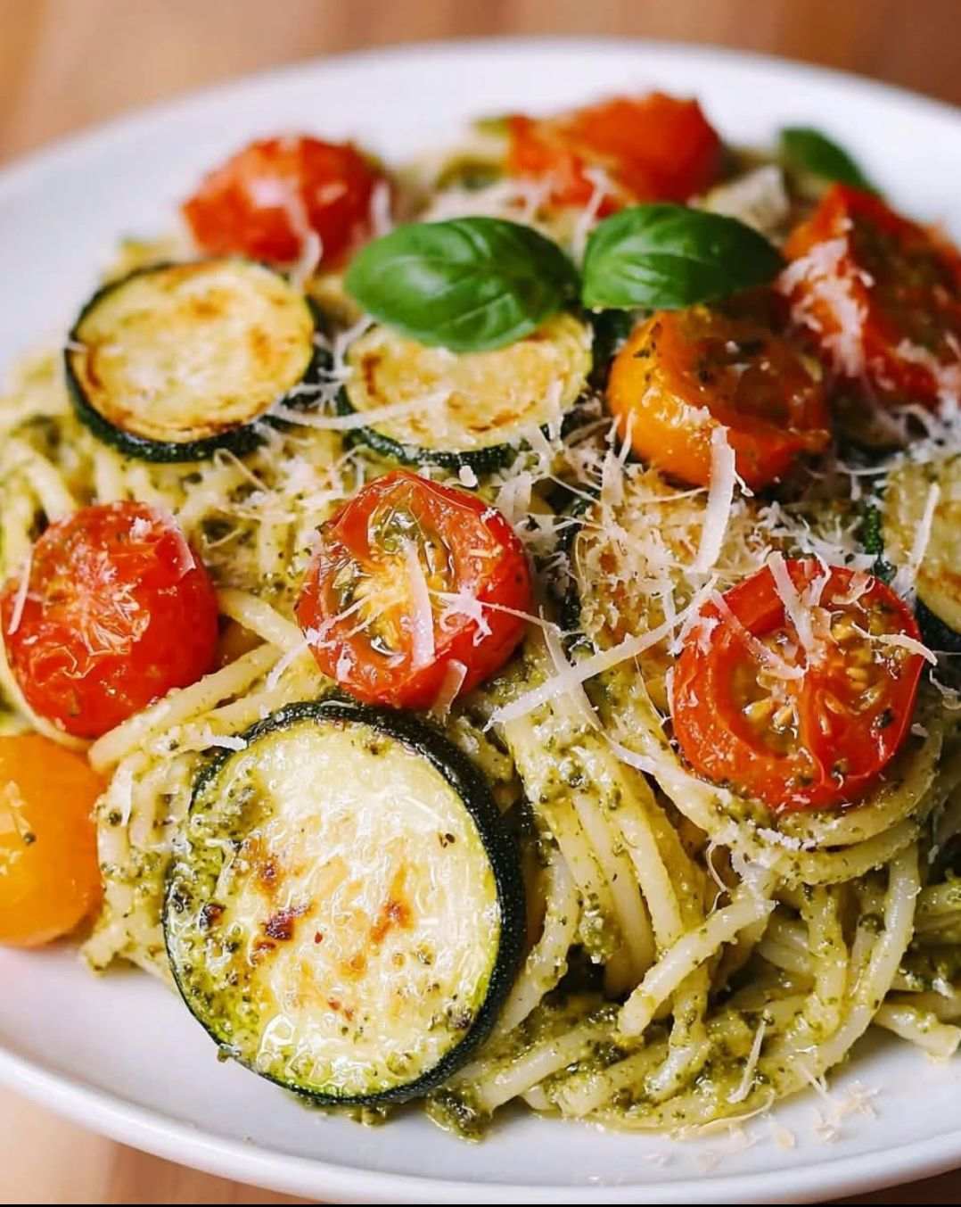 Pesto Spaghetti with Roasted Zucchini and Cherry Tomatoes