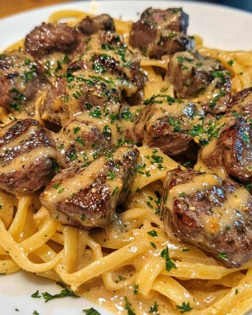 Creamy Garlic Butter Steak Bites with Pasta