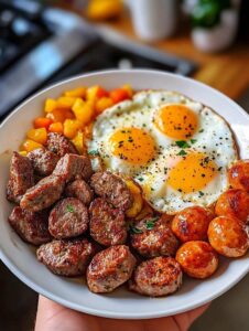 Eggs, Steak Bites, and Sausage Breakfast Skillet