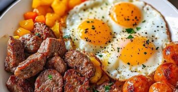 Eggs, Steak Bites, and Sausage Breakfast Skillet