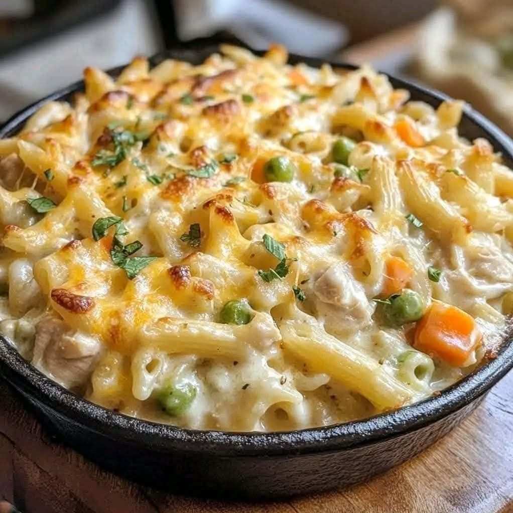 Creamy Chicken Pot Pie Pasta Bake