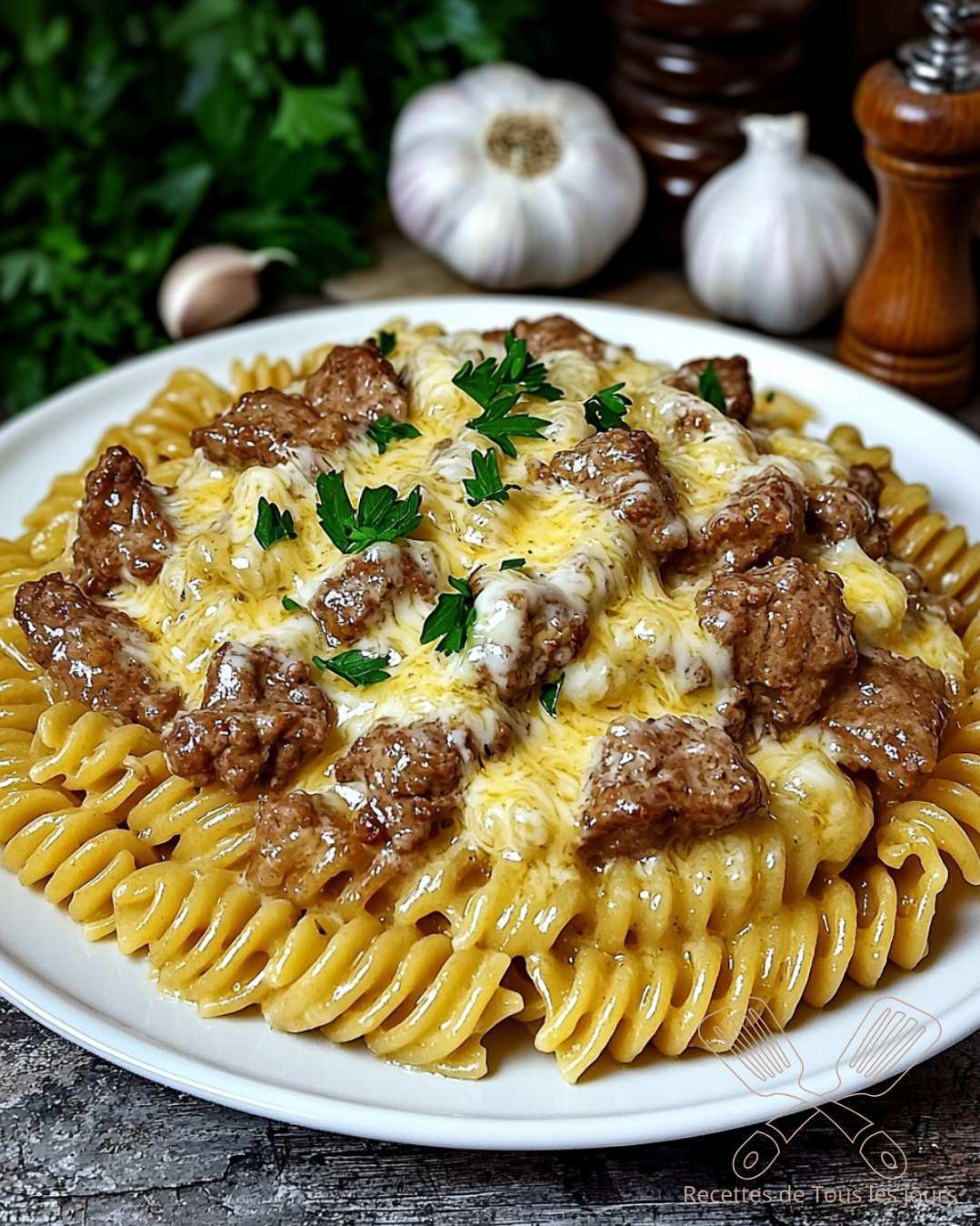 Creamy Rotini with Parmesan and Melting Beef