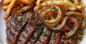 Ribeye Steak with Onions and Fries